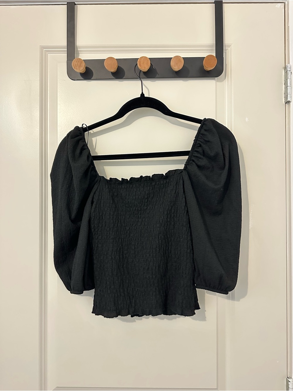H&M Black Puff-Sleeve Smocked Square-Neck Blouse